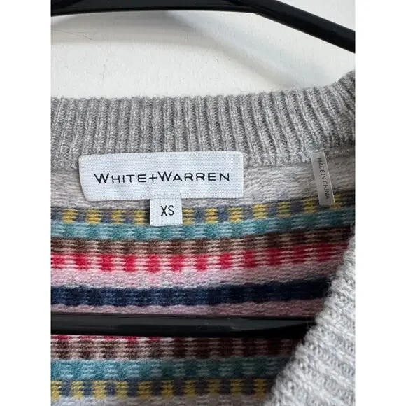 NWOT White + Warren Cashmere Check Striped Crewneck Sweater